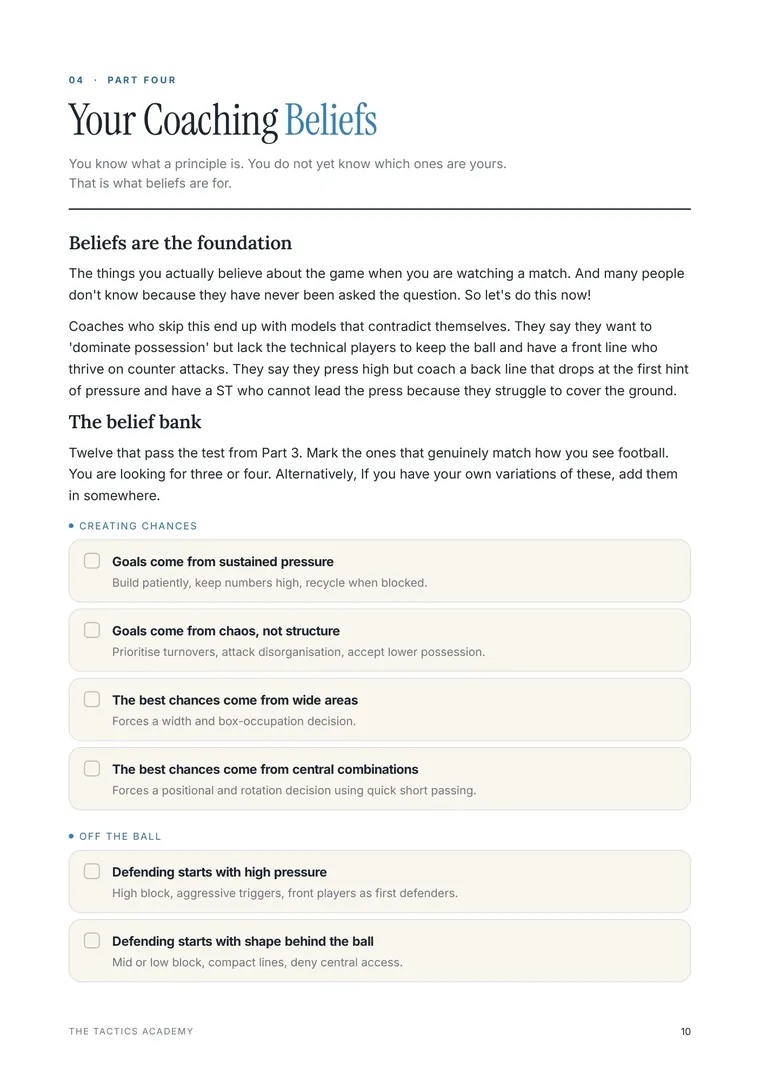 Workbook page ten, Part four, Your Coaching Beliefs, showing the belief bank with tick-box options for creating chances and off the ball.